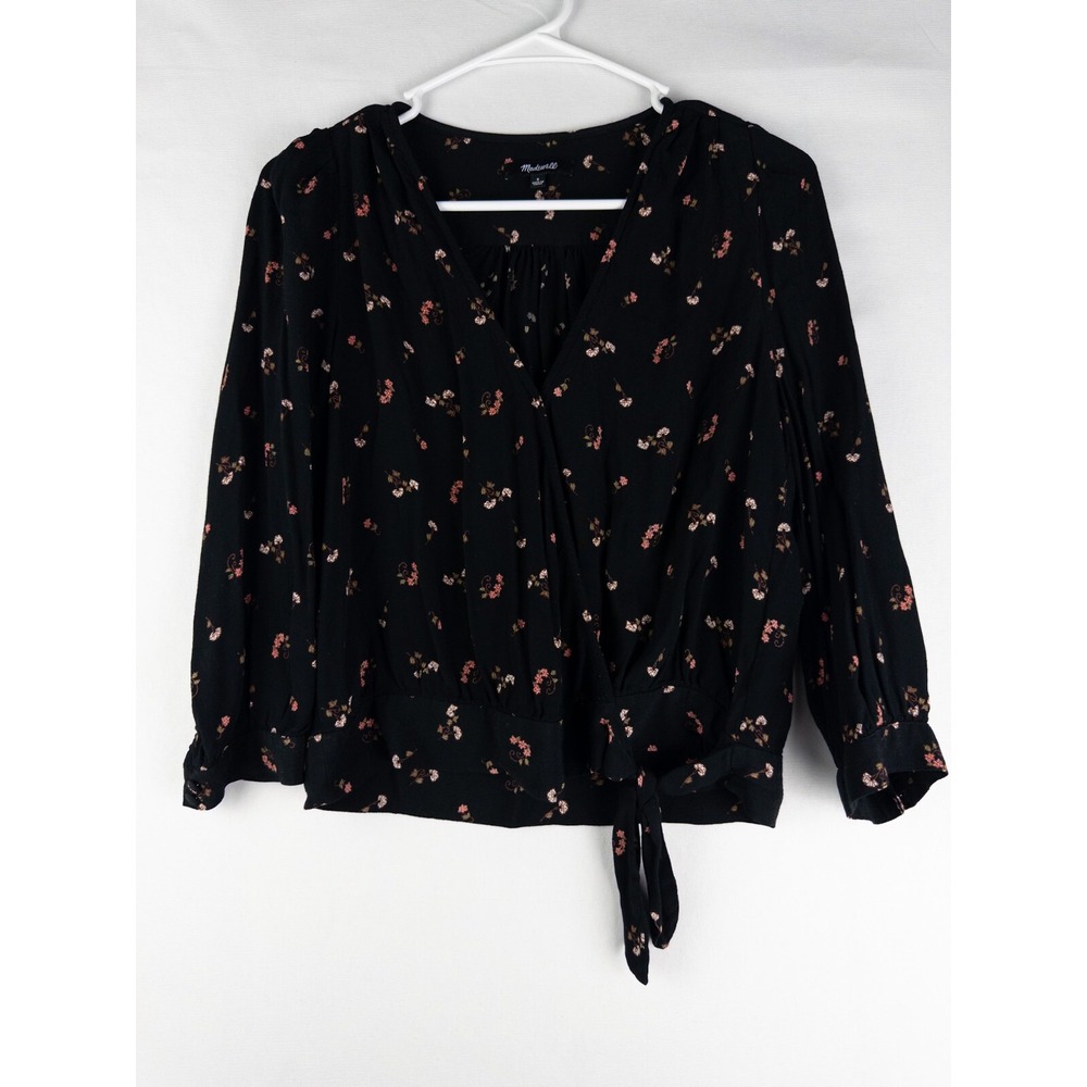 Madewell‎ Blouse Womens Small Black Floral Strap Viscose Long Sleeve